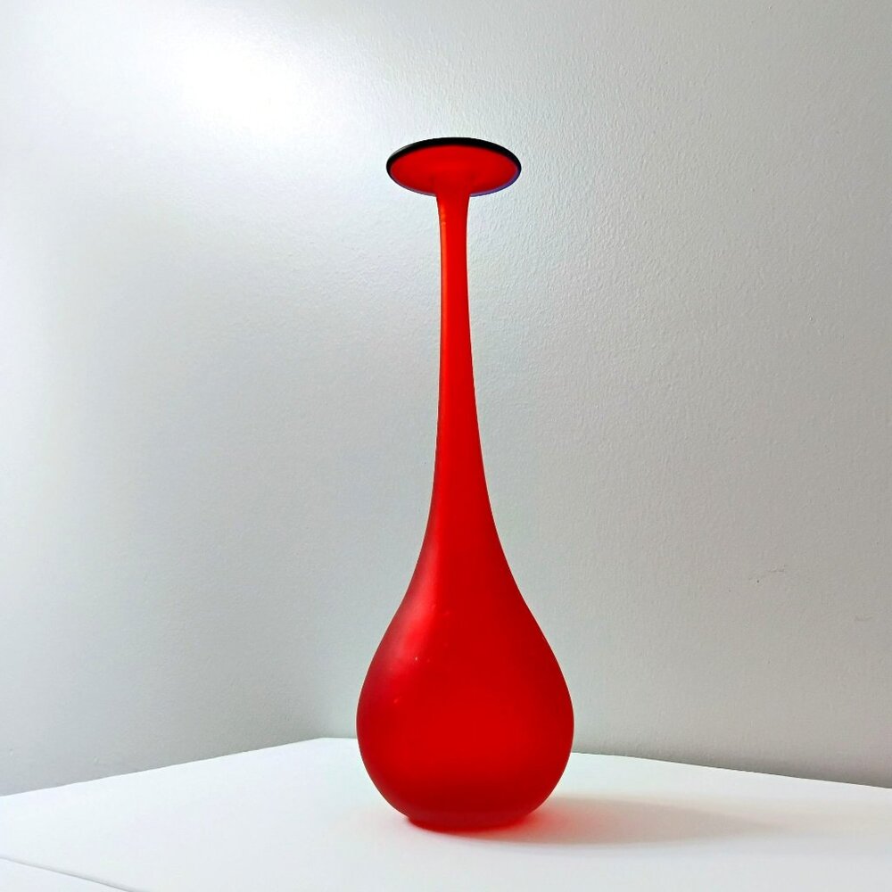 Carlo Moretti Red Satin Glass Pencil Vase Blue Rim Satinato Murano Italian MCM